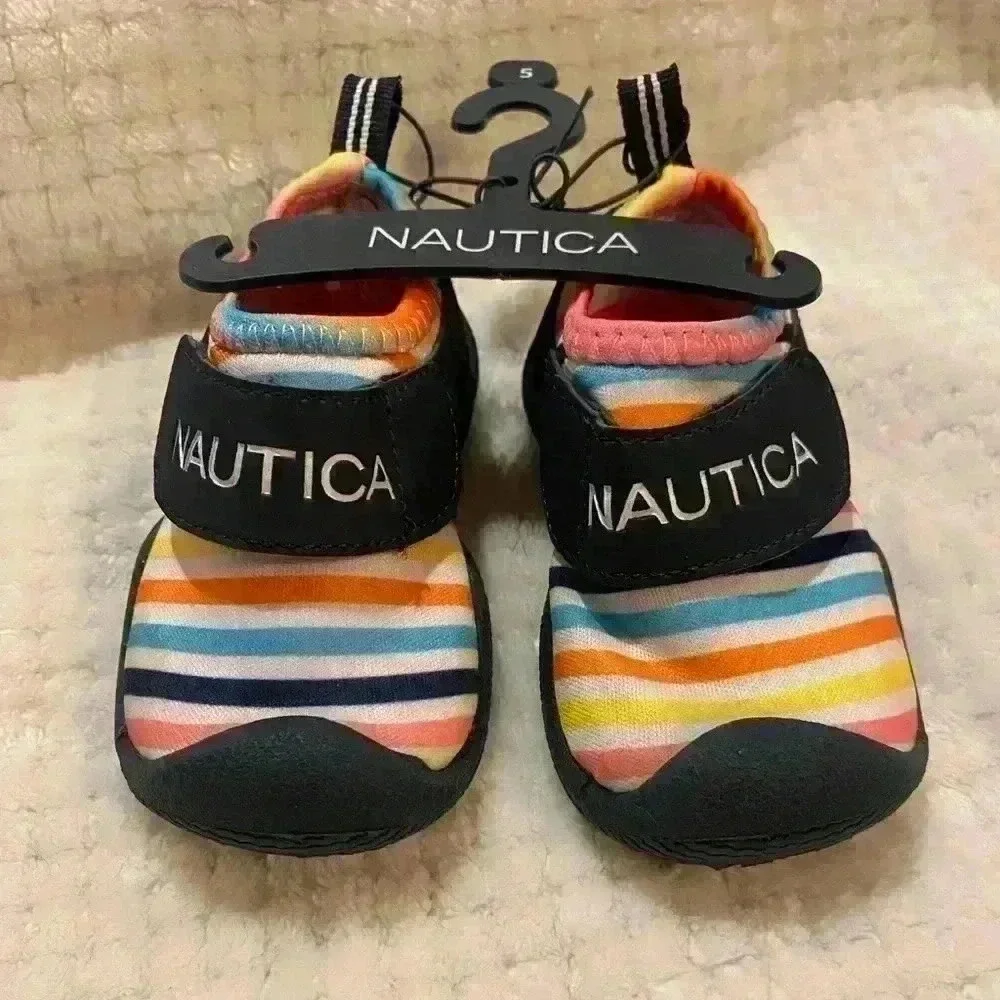 Nautica Girl Toddler water shoes adjustable with Velcro striped shoes size 5